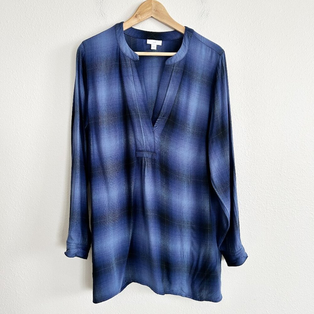 J Jill Shirt Blue Plaid Tunic Top V-Neck Long Sleeve Rayon Popover